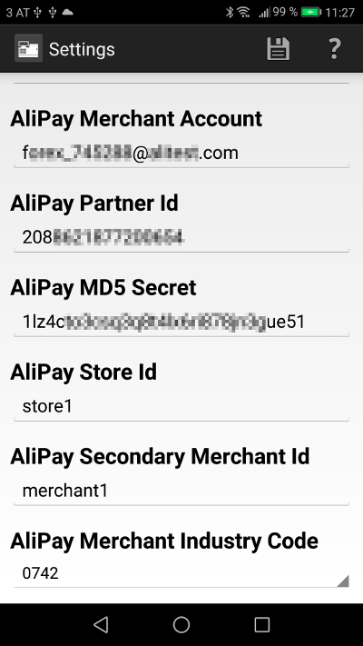merchant infos shown at the AliPay account page