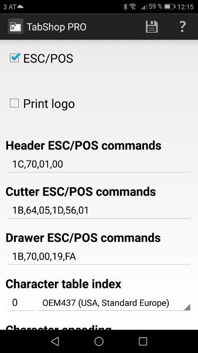 TabShop ESC/p settings